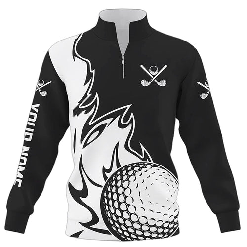 Black & White Flame Golf ball Fire Quarter zip golf sweatshirt custom golf sweater outfit golf gifts NQS8481