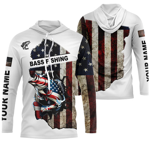 American flag largemouth Bass patriotic fishing UV long sleeve shirts Custom fishing apparel NQS1178