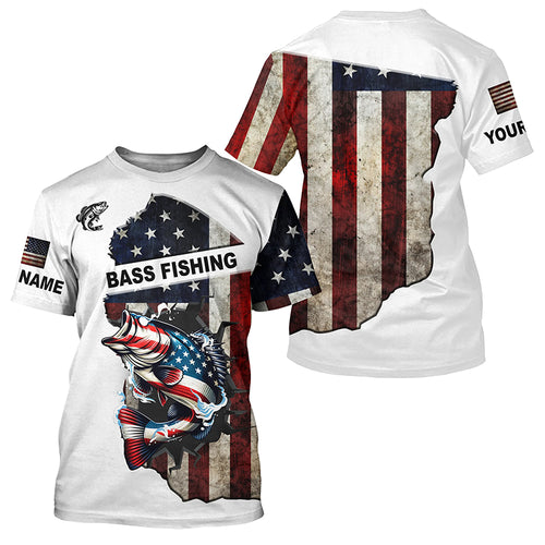 American flag largemouth Bass patriotic fishing UV long sleeve shirts Custom fishing apparel NQS1178