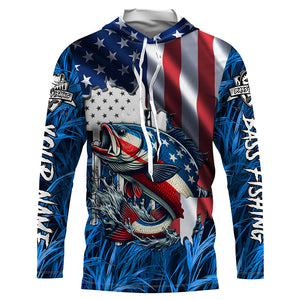 American flag patriot Largemouth Bass blue camo fishing, custom mens long sleeve sun protection shirts NQS4361