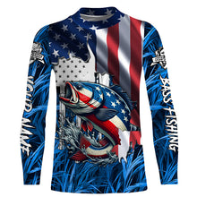 Load image into Gallery viewer, American flag patriot Largemouth Bass blue camo fishing, custom mens long sleeve sun protection shirts NQS4361