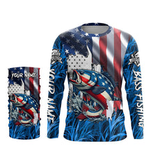 Load image into Gallery viewer, American flag patriot Largemouth Bass blue camo fishing, custom mens long sleeve sun protection shirts NQS4361