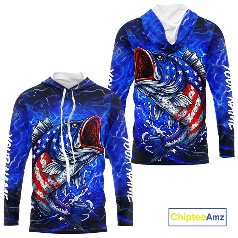 American Flag Largemouth Bass Fishing Custom patriotic Bass performance fishing apparel | Blue NQS11060