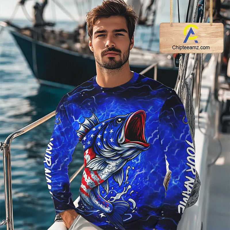 American Flag Largemouth Bass Fishing Custom patriotic Bass performance fishing apparel | Blue NQS11060