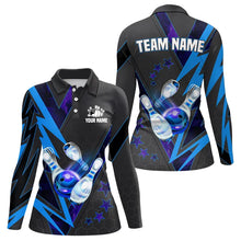 Load image into Gallery viewer, Black and Blue Lightning Bowling Polo, Quarter Zip Shirt for Women Custom Team Bowling Jerseys NQS9189