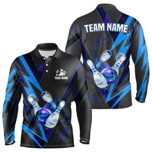 Load image into Gallery viewer, Black and Blue Lightning Bowling Polo, Quarter Zip Shirt for Men Custom Team Bowling Jerseys NQS9189