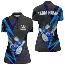 Load image into Gallery viewer, Black and Blue Lightning Bowling Polo, Quarter Zip Shirt for Women Custom Team Bowling Jerseys NQS9189