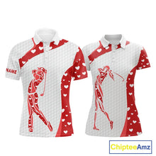 Load image into Gallery viewer, Personalized Red Hearts pattern matching golf polo shirts for couples custom Valentine golf gifts NQS11259