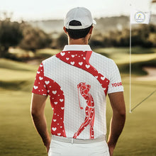 Load image into Gallery viewer, Personalized Red Hearts pattern golf white Mens golf polo shirts custom name Valentine golf gifts NQS11259