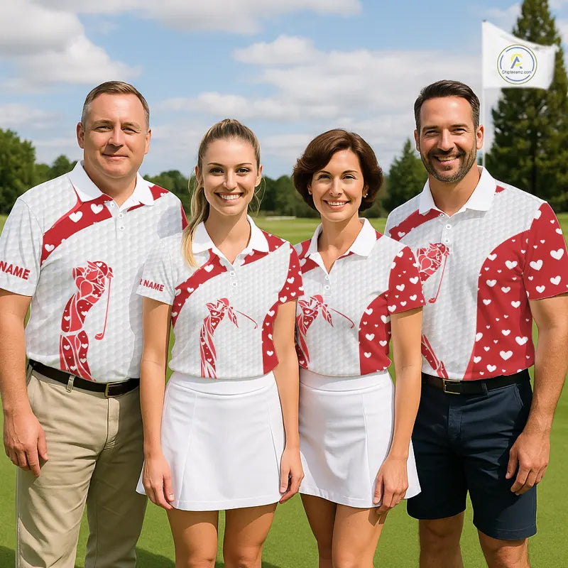 Personalized Red Hearts pattern golf white Womens golf polo shirts custom name Valentine golf gifts NQS11259