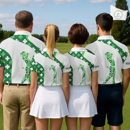 Personalized Green shamrock pattern golf white Mens golf polo shirt custom St Patrick's Day golf gift NQS11260
