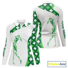 Load image into Gallery viewer, Personalized Green shamrock pattern golf white Women golf polo shirt custom St Patrick Day golf gift NQS11260