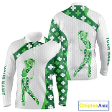 Load image into Gallery viewer, Personalized Green shamrock pattern golf white Mens golf polo shirt custom St Patrick's Day golf gift NQS11260