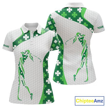 Load image into Gallery viewer, Personalized Green shamrock pattern golf white Women golf polo shirt custom St Patrick Day golf gift NQS11260