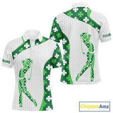Load image into Gallery viewer, Personalized Green shamrock pattern golf white Mens golf polo shirt custom St Patrick's Day golf gift NQS11260
