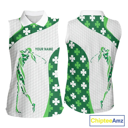 Personalized Green shamrock pattern Sleeveless Golf Polo Shirt custom St Patrick's Day golf gifts NQS11260