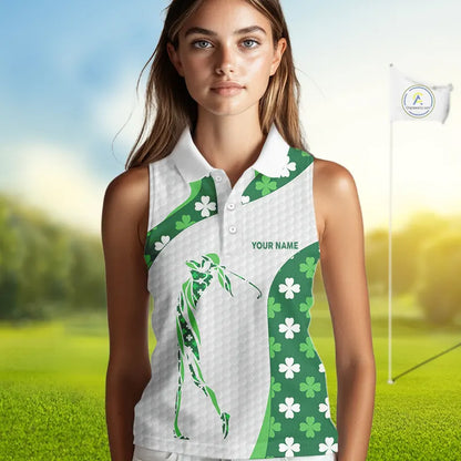 Personalized Green shamrock pattern Sleeveless Golf Polo Shirt custom St Patrick's Day golf gifts NQS11260