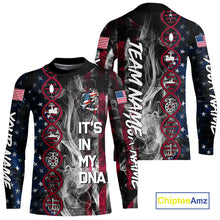 Load image into Gallery viewer, Personalized Red, White &amp; Blue Smoke American Flag Patriotic Largemouth Bass Fishing shirts NQS11267