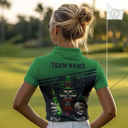 Green St Patrick Skull Golf and Beer Polo Golf shirts for Women Custom Team Ladies Golf attire NQS11475