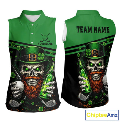 Green St Patrick Skull Golf and Beer Sleeveless Golf shirts for Women Custom Team Ladies Golf attire NQS11475