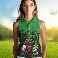 Load image into Gallery viewer, Green St Patrick Skull Golf and Beer Sleeveless Golf shirts for Women Custom Team Ladies Golf attire NQS11475