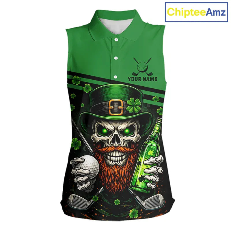 Green St Patrick Skull Golf and Beer Sleeveless Golf shirts for Women Custom Team Ladies Golf attire NQS11475