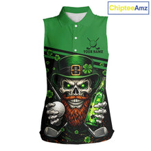 Load image into Gallery viewer, Green St Patrick Skull Golf and Beer Sleeveless Golf shirts for Women Custom Team Ladies Golf attire NQS11475