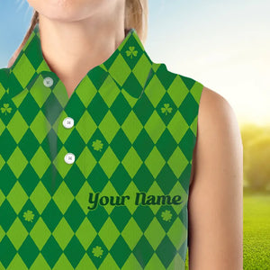 Personalized Green argyle pattern Women sleeveless polo shirt Custom St Patrick day golf top for women NQS9545