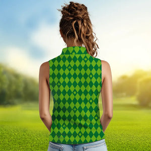 Personalized Green argyle pattern Women sleeveless polo shirt Custom St Patrick day golf top for women NQS9545
