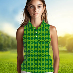 Personalized Green argyle pattern Women sleeveless polo shirt Custom St Patrick day golf top for women NQS9545