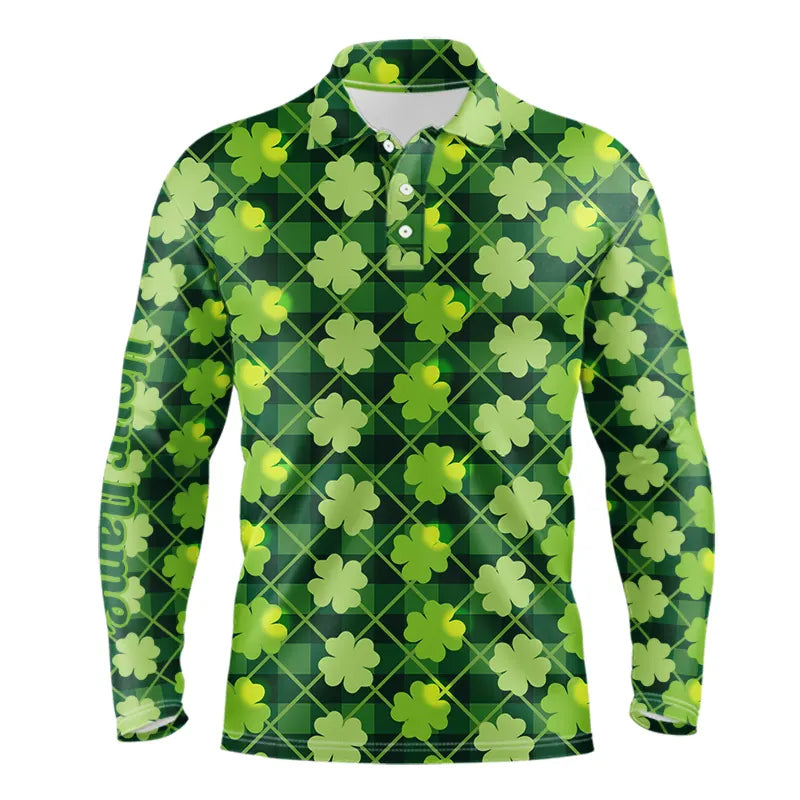 Personalized Green argyle shamrock pattern Men golf polo shirts Custom St Patrick day men golf tops NQS9546