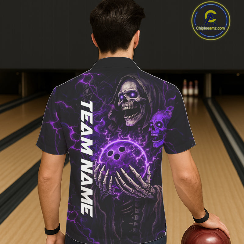 Personalized Skull Bowling Hawaiian Shirt Custom Team's Name Black and Purple Flame Bowler Jerseys NQS11659