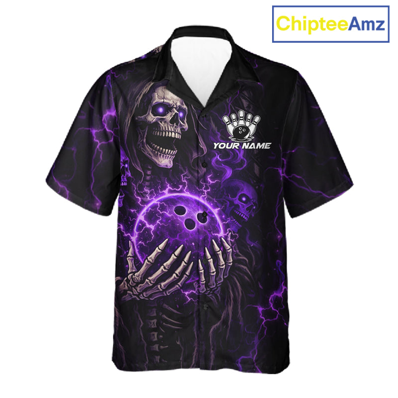 Personalized Skull Bowling Hawaiian Shirt Custom Team's Name Black and Purple Flame Bowler Jerseys NQS11659