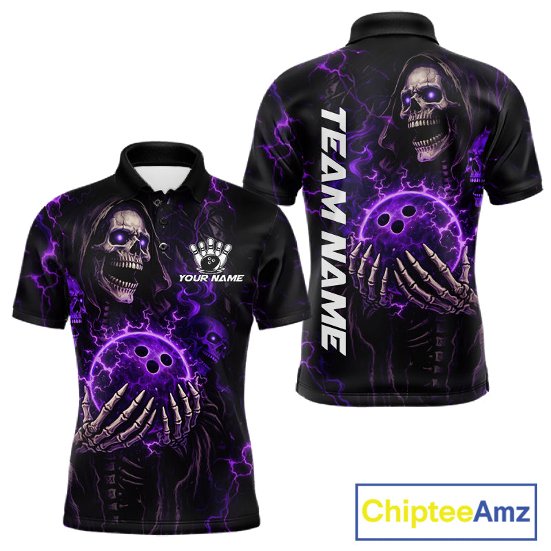 Personalized Skull Bowling Shirt For Men Custom Team's Name Black and Purple Flame Bowler Jerseys NQS11659