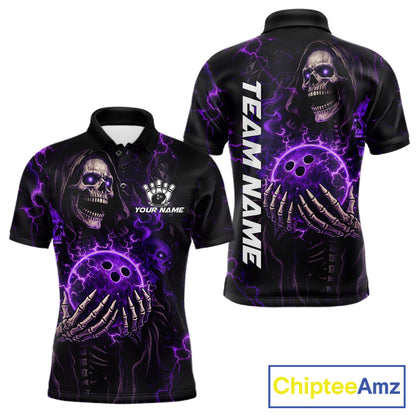 Personalized Skull Bowling Shirt For Men Custom Team's Name Black and Purple Flame Bowler Jerseys NQS11659