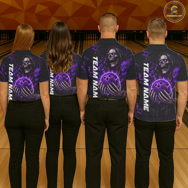 Personalized Skull Bowling Shirt For Men Custom Team's Name Black and Purple Flame Bowler Jerseys NQS11659