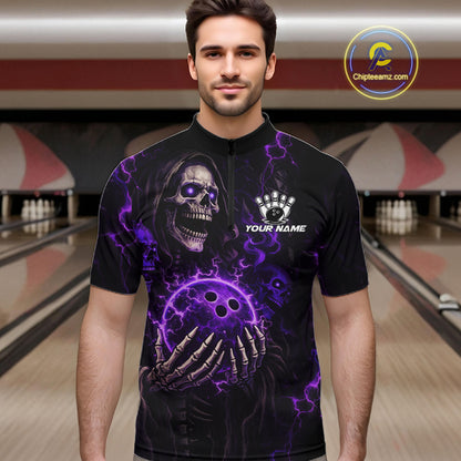 Personalized Skull Bowling Shirt For Men Custom Team's Name Black and Purple Flame Bowler Jerseys NQS11659