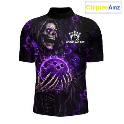 Personalized Skull Bowling Shirt For Men Custom Team's Name Black and Purple Flame Bowler Jerseys NQS11659