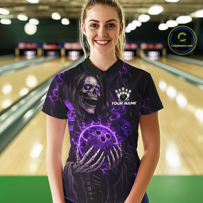 Personalized Skull Bowling Shirt For Women Custom Team's Name Black and Purple Flame Bowler Jerseys NQS11659