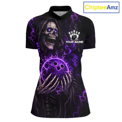 Personalized Skull Bowling Shirt For Women Custom Team's Name Black and Purple Flame Bowler Jerseys NQS11659