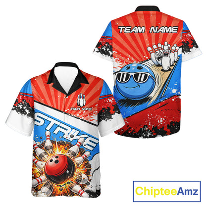 Funny Bowling Boom Strike Bowling Hawaiian Shirt Custom Red, White & Blue retro Team Bowling Jerseys NQS11661