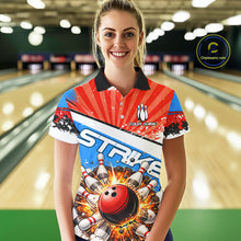 Load image into Gallery viewer, Funny Bowling Boom Strike Bowling Shirt For Women Custom Red, White &amp; Blue retro Team Bowling Jerseys NQS11661