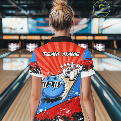 Funny Bowling Boom Strike Bowling Shirt For Women Custom Red, White & Blue retro Team Bowling Jerseys NQS11661