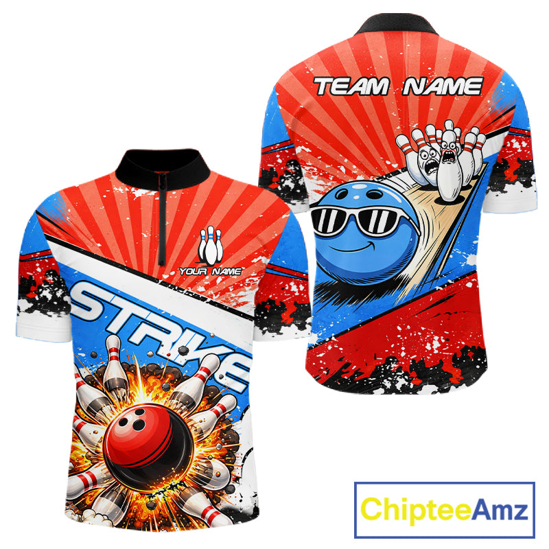 Funny Bowling Boom Strike Bowling Shirt For Men Custom Red, White and Blue retro Team Bowling Jerseys NQS11661