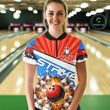 Load image into Gallery viewer, Funny Bowling Boom Strike Bowling Shirt For Women Custom Red, White &amp; Blue retro Team Bowling Jerseys NQS11661