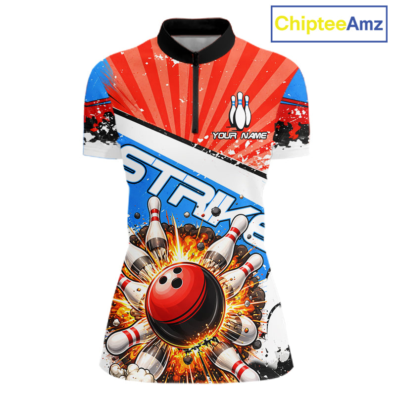 Funny Bowling Boom Strike Bowling Shirt For Women Custom Red, White & Blue retro Team Bowling Jerseys NQS11661