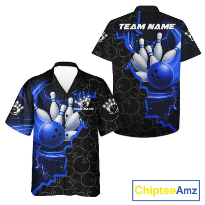 Black and Blue Camo Bowling Hawaiian Shirt Custom Bowling Team Jersey, Bowler Outfit NQS11750