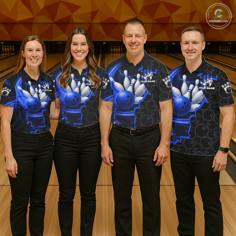 Black and Blue Camo Bowling Polo, 1/4 Zip Shirts For Women Custom Bowling Team Jersey, Bowler Outfit NQS11750