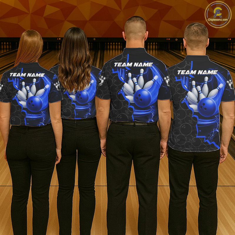 Black and Blue Camo Bowling Polo, 1/4 Zip Shirts For Women Custom Bowling Team Jersey, Bowler Outfit NQS11750