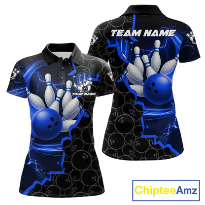 Black and Blue Camo Bowling Polo, 1/4 Zip Shirts For Women Custom Bowling Team Jersey, Bowler Outfit NQS11750